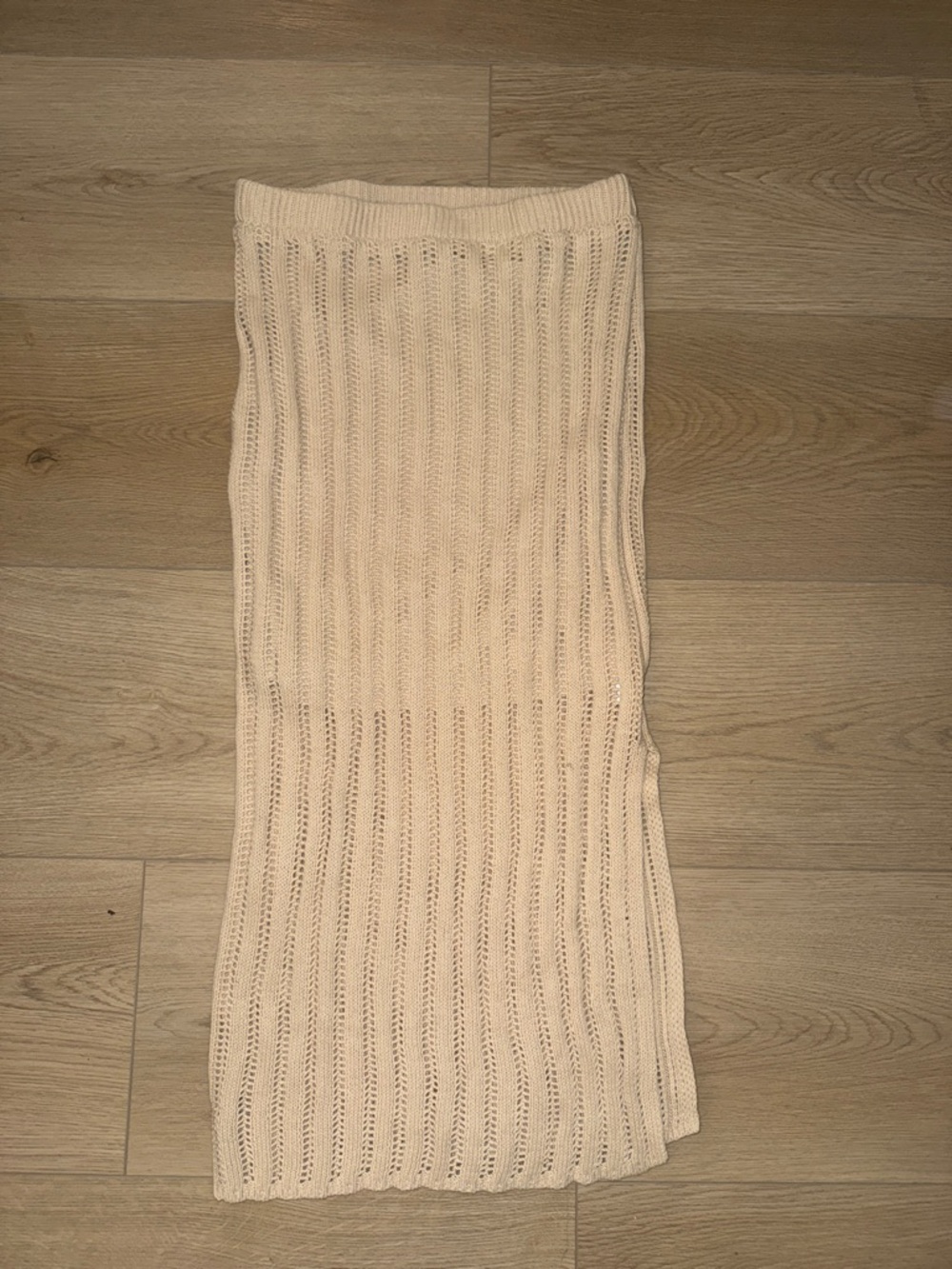 Cream Knit Maxi Skirt with Ribbed Open-Stitch Design